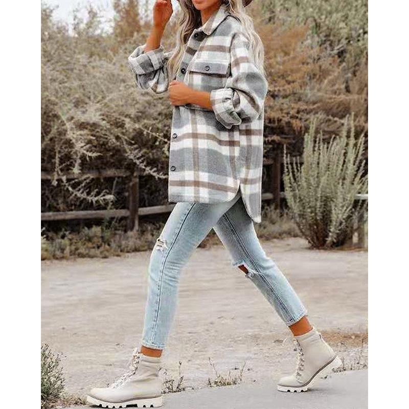Autumn and Winter Women's Clothing Autumn and Winter Long Sleeve Lapel Loose Plaid Wool Coat